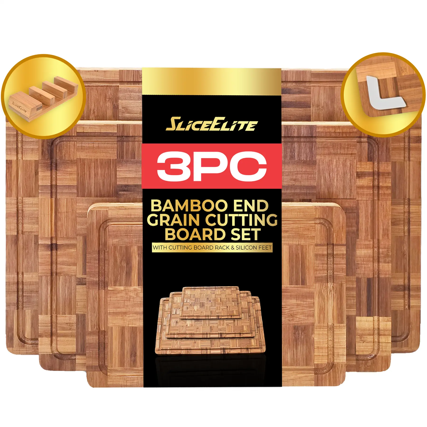XL End Grain bamboo cutting board set 3 piece plus holder