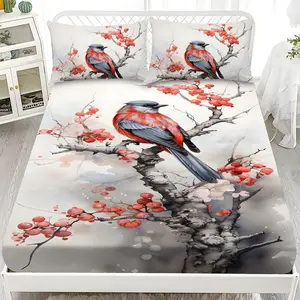 Bed Sheet Set - 3-Piece Set with 2D Flat Printing, Red Plum and Bird Pattern Mattress Protector, Ten Sizes Available (1*fitted sheet + 2*pillowcases, no filling), Stylish, Soft and Comfortable Bedding Set, Suitable for Home Bedrooms and Guest Rooms.