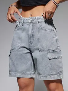 Women’s Casual Cargo Denim Shorts, Y2K Wide Leg Distressed Jorts, Loose Fit Multi-Pocket Daily Wear Denim Shorts, Fashionable High Waisted Baggy Jean Shorts, Summer Spring Autumn Versatile Capri Pants, Light Wash Medium Wash Light Gray Medium Gray