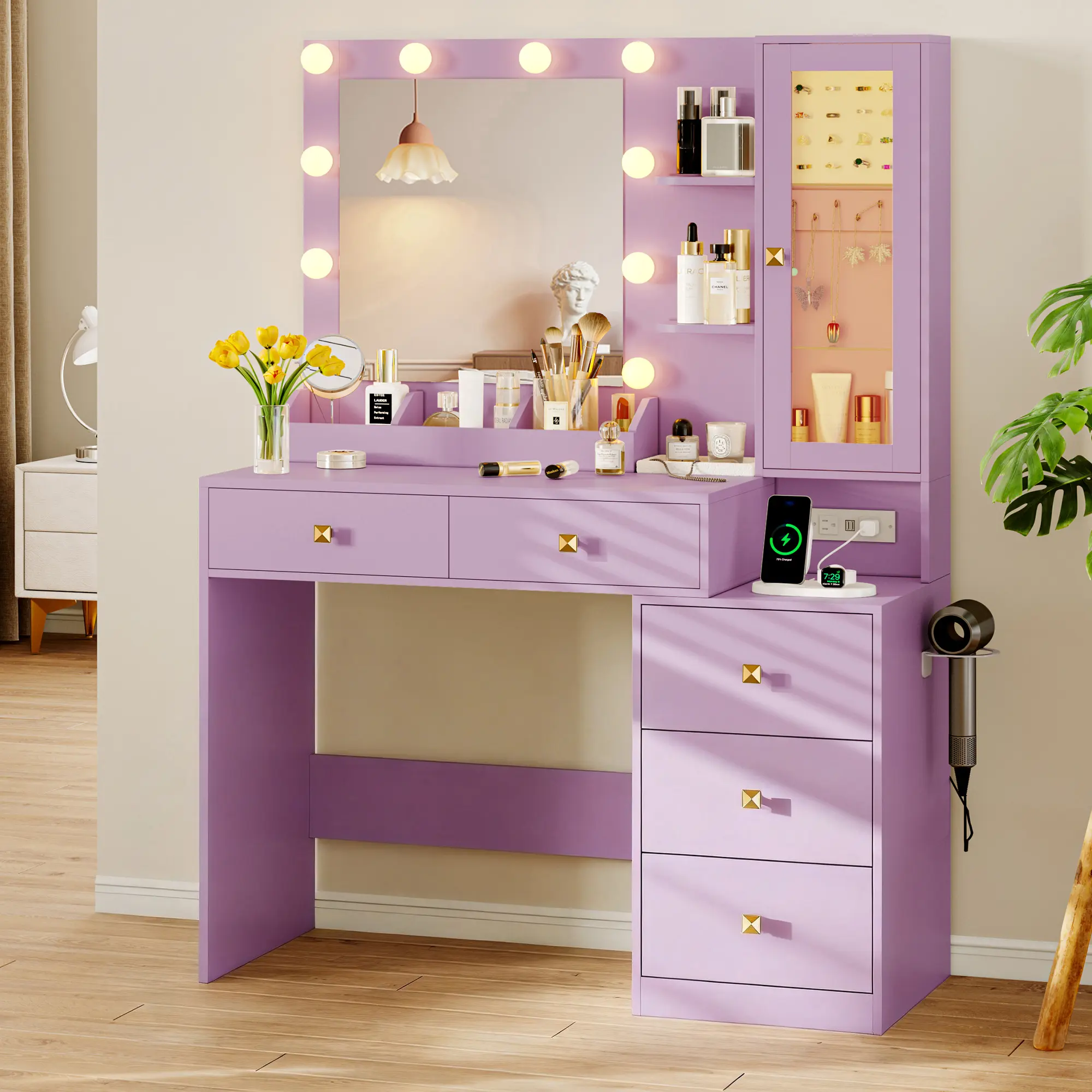 Girls Bedroom Vanity Desk with LED Mirror, 5 Storage Drawers Dressing Table Set, RGB Ambient Lighting, Built-in Power Outlet & Ergonomic White Vanity fathers day gift ideas
