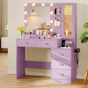 Girls Bedroom Vanity Desk with LED Mirror, 5 Storage Drawers Dressing Table Set, RGB Ambient Lighting, Built-in Power Outlet & Ergonomic White Vanity
