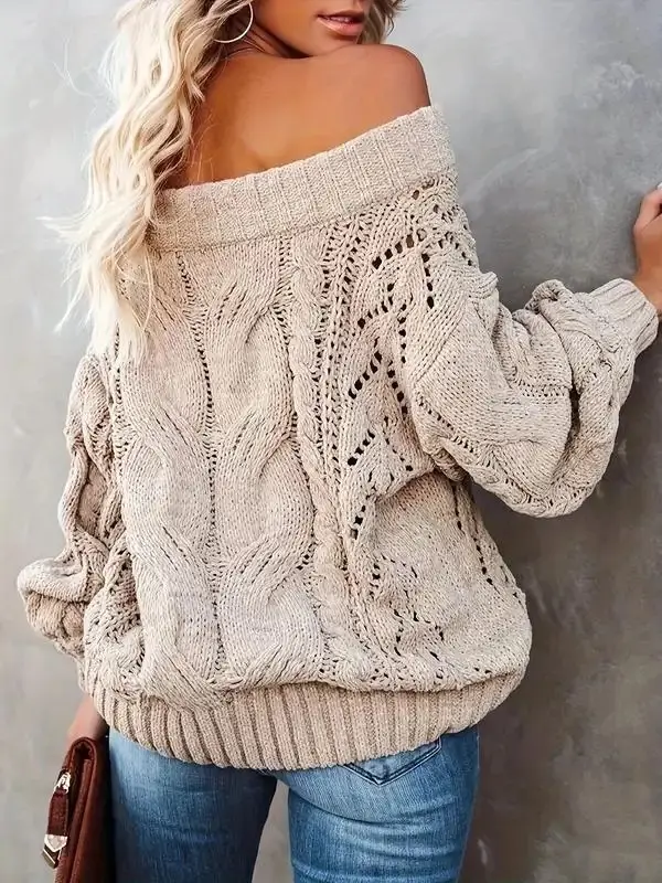 Women's Plain Textured Off Shoulder Sweater Fall Freshness Casual Chic Knitted Drop Shoulder Long Sleeve Jumper for Daily Wear Ladies Knitwear for All Seasons Valentine's Day Gifts