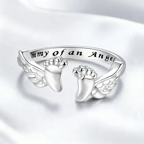 Women's Silver Open Adjustable Initial Ring - Wing Design Angel Engraved Cuff Ring with Custom Engraved Text, Casual Fashion Accessory, Personalized Gift