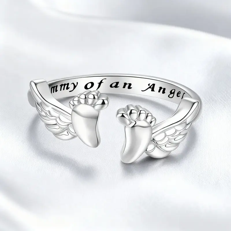 Elegant Adjustable Letter & Wing Design Cuff Ring,Fashionable Jewelry for Women,Personalized Angel Ring, Engraved Ring