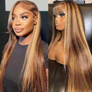 13x4 Straight Highlight Lace Front Human Hair Wigs 180% 28Inch Ombre Piano Color P4/27 Straight HD Lace Pre Plucked Natural Hairline Human Hair Wigs 100%Human hari