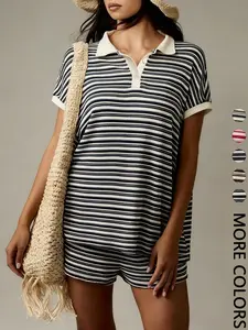 Women's Striped Textured Knit Co-ord Set, Polo Neck Short Sleeve Button-Up Top & Elastic Waist Shorts, Soft Breathable Lightweight Fabric, 2 Piece Set, Casual Daily & Vacation Wear
