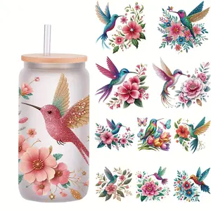 Set of 5 Attractive Hummingbird 16Oz Glass Jar Wrap Stickers, Nature Stickers for Animal Coffee Cups, UV DTF High Self- Decorative Wraps for Mugs