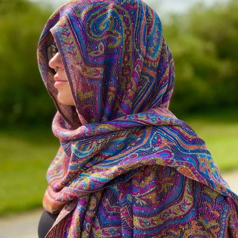 Navy Blue Multi-Color Rhinestone Pashmina Shawl