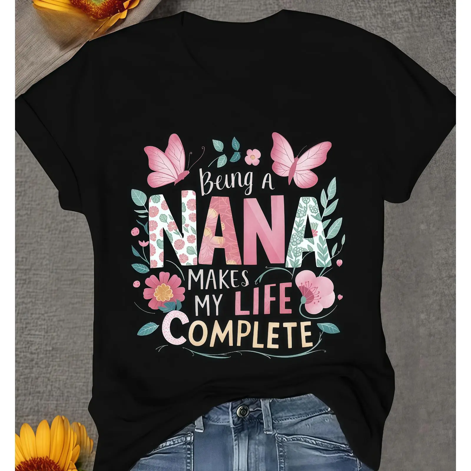 Grandmother Appreciation T-shirt Featuring a Tender Quote About the Joy of Being a Nana with Delicate Floral and Butterfly Accents Prints Soft boho style