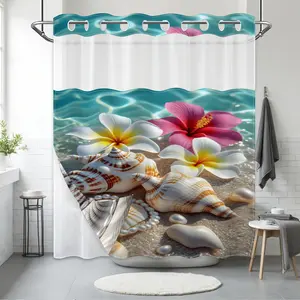 1 Pack No Hook Double Layer Shower Curtain, Tropical Shell Plumeria Print Bath Curtain, Machine Washable, Waterproof, Mildew Resistant, Durable Fabric, Coastal Vacation Bathroom Decor, Removable Liner, Top See-Through Window, Partition Curtain 71"×74"