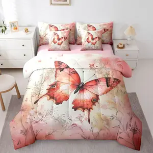 7 Piece Butterfly Comforter Set,Pink Orange Watercolor Bedding Set for Girls Kids Teens Bedroom Cottagecore Wildflower Sheet Set,Vintage Pastel Style Comforter Floral Duvet Insert