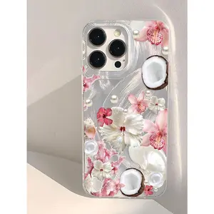 Shockproof vacation style fashionable tropical island phone case with patterns of orchids, hibiscus, coral, coconuts, shells, and artificial pearls, stylish, high-quality gift, suitable for iPhone 17/16/15/14/13/12/11/X/XS/XSMAX