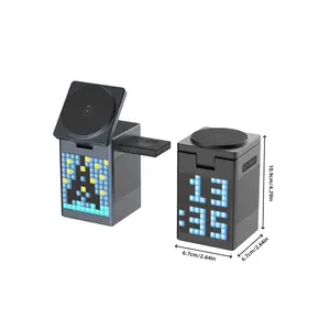 6 In 1 Wireless Charging Station, Pixel Pattern Time Display, Alarm Clock, Phone Holder, Adapter For IPhone, AirPods And IWatch Fast Charging Dock, Wireless 5.3 Portable Speakers, Music Beats, Wireless Charger For Home, Office And Travel