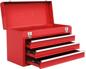 Tool Box, 20.5'' Toolbox w/ 3 Drawers & Top Tray, Tool Chest w/Latch System, Ball Bearing Drawer Slides, EVA Liners & Handle, Red