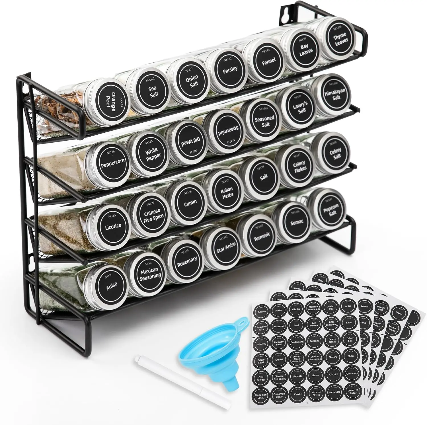 ELIVARA Wall Mounted Spice Rack Organizer with 28 Glass Spice Jars, 386 Labels & Funnel, Kitchen Spice Storage Shelf, Seasoning Organizer, Spice Holder Rack Set for Kitchen Wall, Herb  Seasoning Storage, Spice Jar Set, Kitchen Organization Silicone Tool