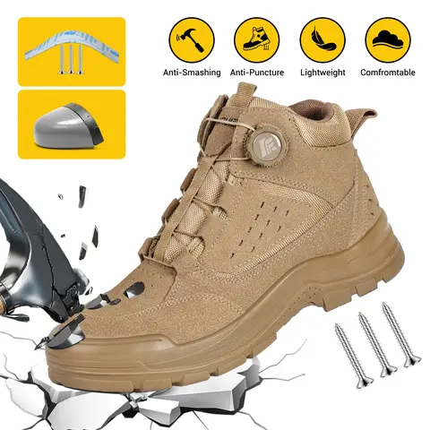 Furuian Men's High-Top Steel Toe Suede Work Shoes - Composite, Insulated, Lightweight, Comfortable, Slip-Resistant, Puncture-Resistant, Rotary Dial Buckle for Customizable Fit, Heavy-Duty Safety Footwear for Construction Workers