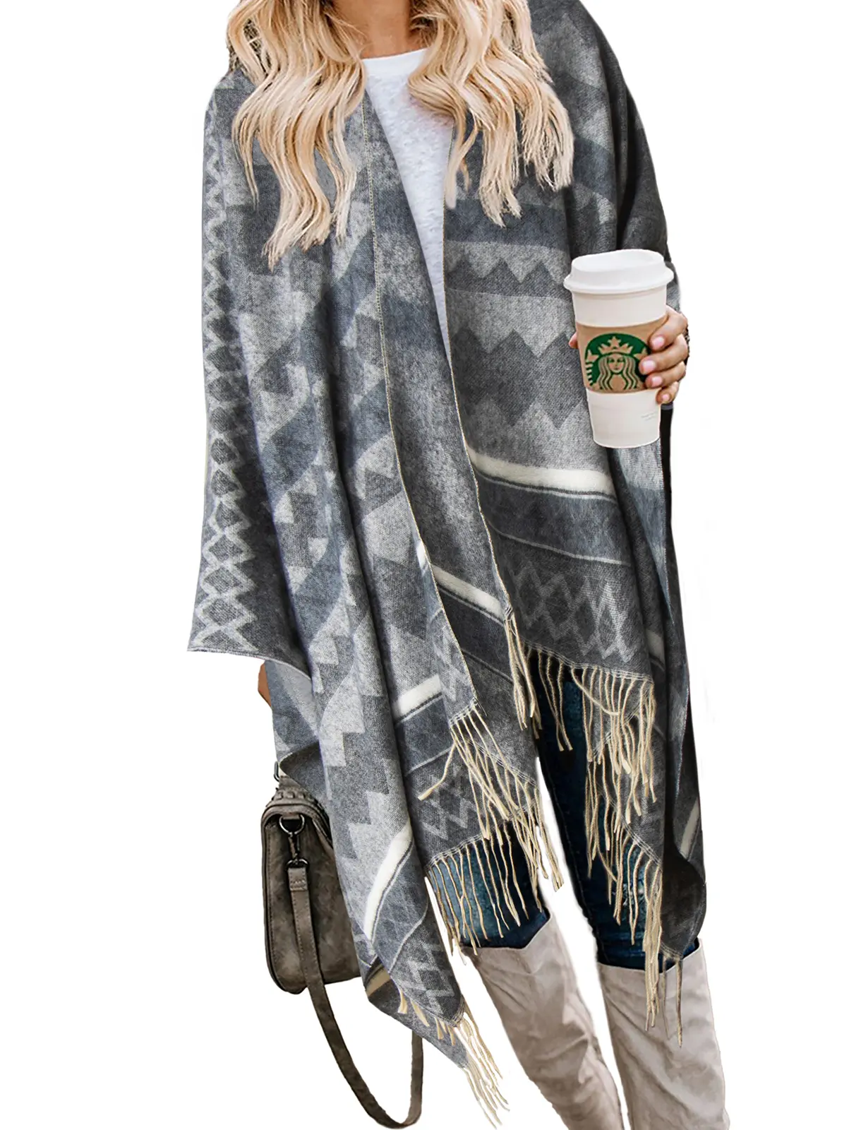 Rhombic Grid Gray Women's Shawl Wrap Poncho - Open Front Boho Buffalo Cardigan with Oversized Fringed Cape, Knitted Sweater with Tassel Detail - Fall Winter Fashion Travel Blanket