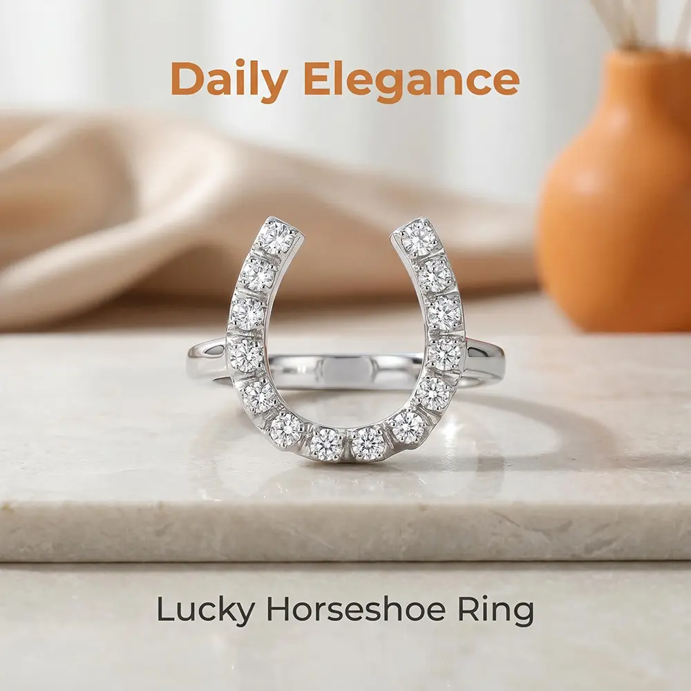 Lucky Horseshoe-Shaped Synthetic Zircon Ring, Everyday Elegance Ring, Western-Style Exquisite Ring, Women's Lucky Charm Ring
