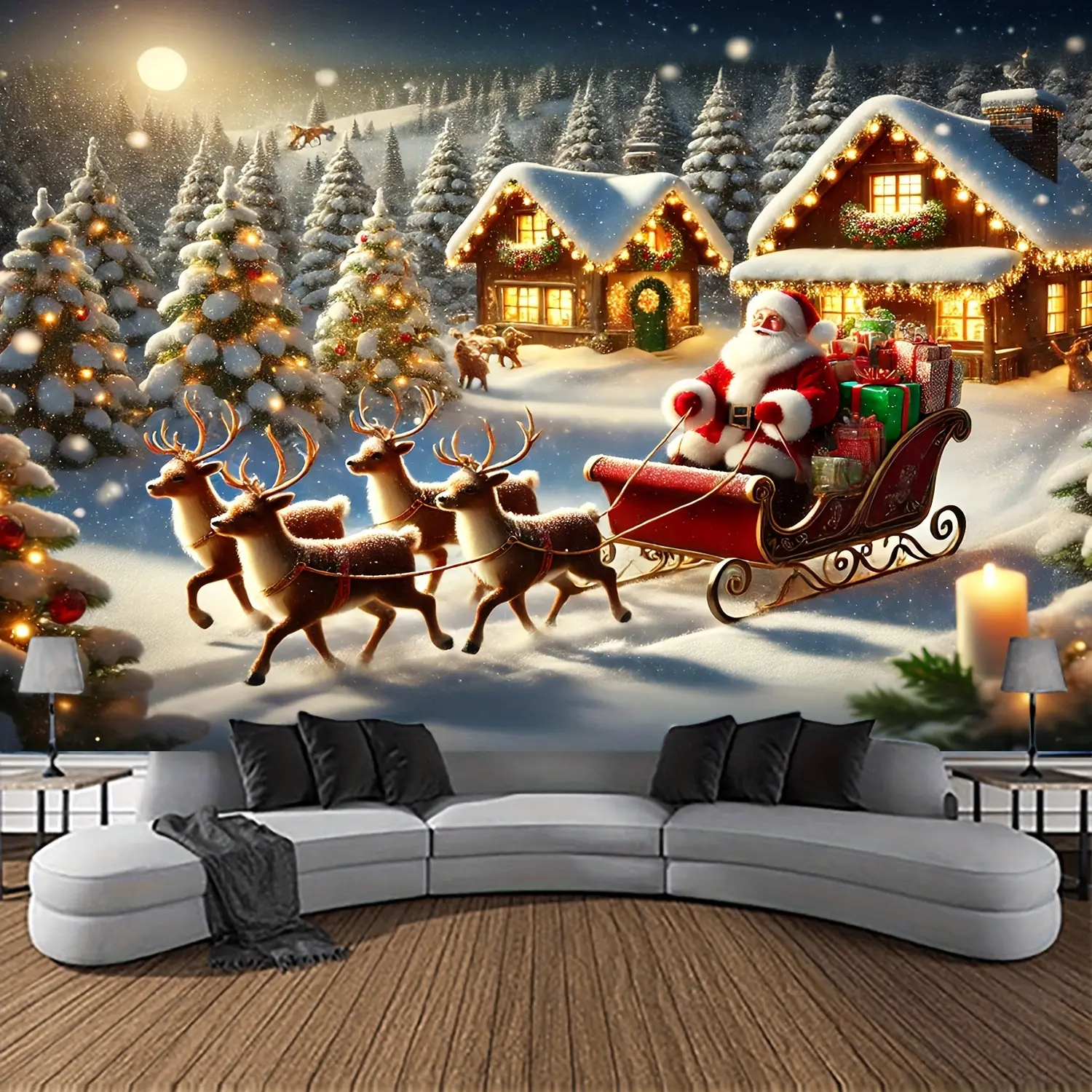Santa's Sleigh and Reindeer Wall Tapestry - Winter Wonderland Snowy Landscape Woven Canvas Art, 100% Polyester, Easy to Hang, Room Decor for Living Room Holiday Celebrations