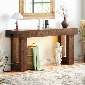 【2026 New Year Refresh】Homieasy 63” Farmhouse Console Table with Power Outlets & Motion Sensor Light, Wooden Entryway Rectangular Sofa Table with Storage for Living Room, Hallway & Entryway entryway table