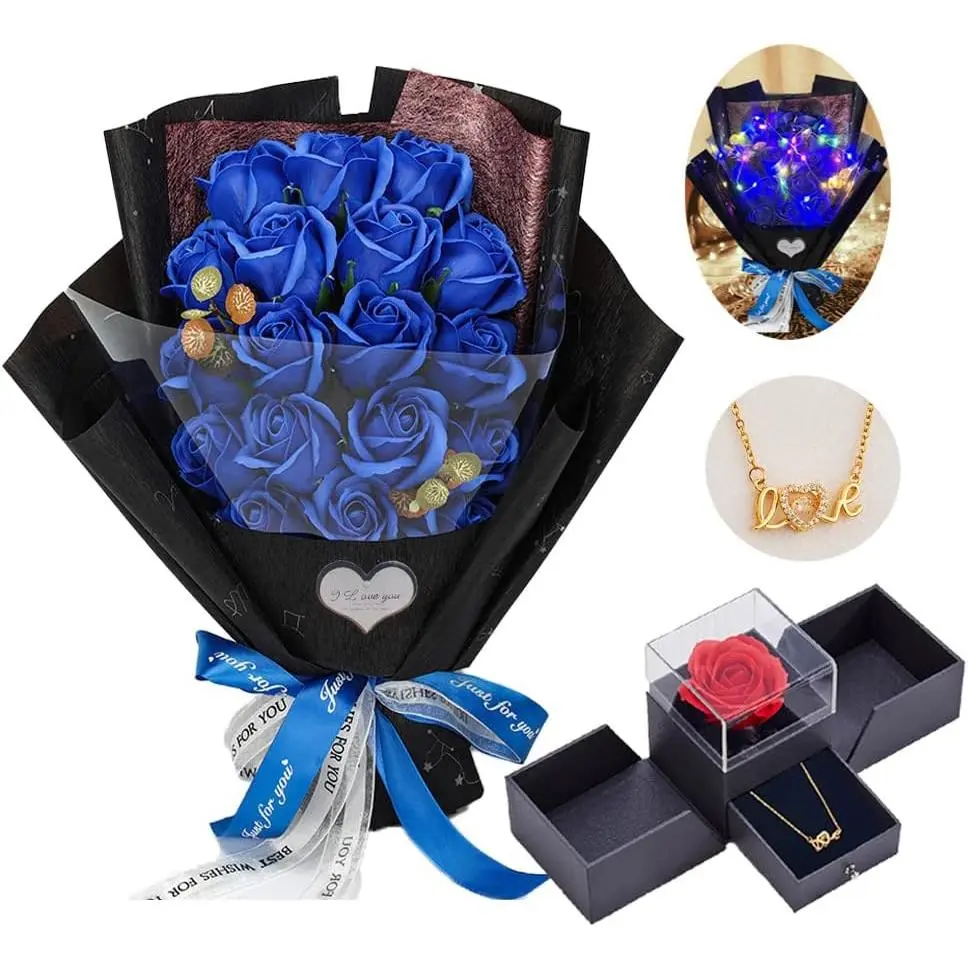 Roses Bouquet Artificial Flower - Preserved Blue Rose  with Love Necklace for Her -  Gifts Valentine's Day, Mother's Day, Thanksgiving, Birthday, Anniversary