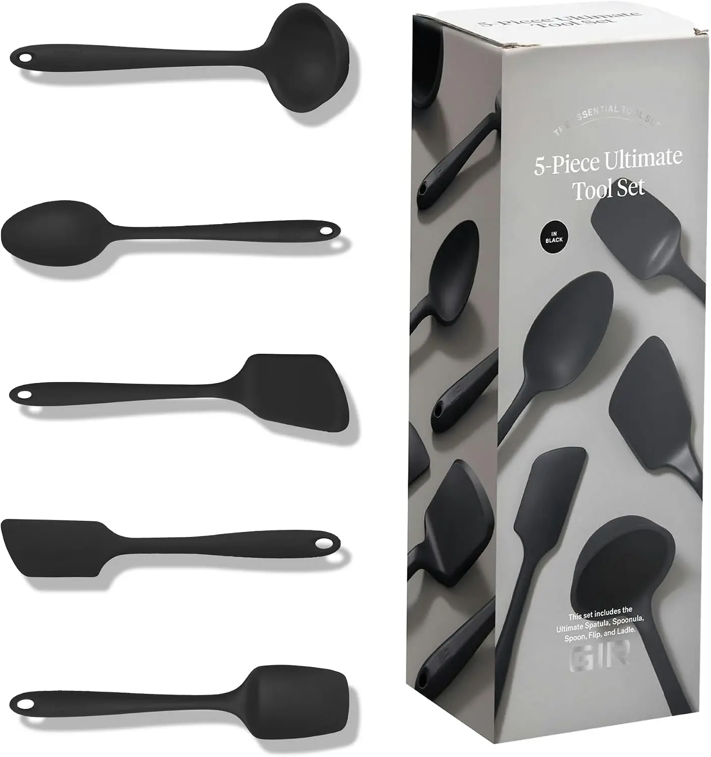 GIR 5-Piece Heat-Resistant Silicone Kitchen Utensils Set - Ladle, Spatula, Turner, Spoon, Spoonula - Non-Toxic for Hanging Cookware Sets, Nonstick Cookware, Cooking & Baking - Black