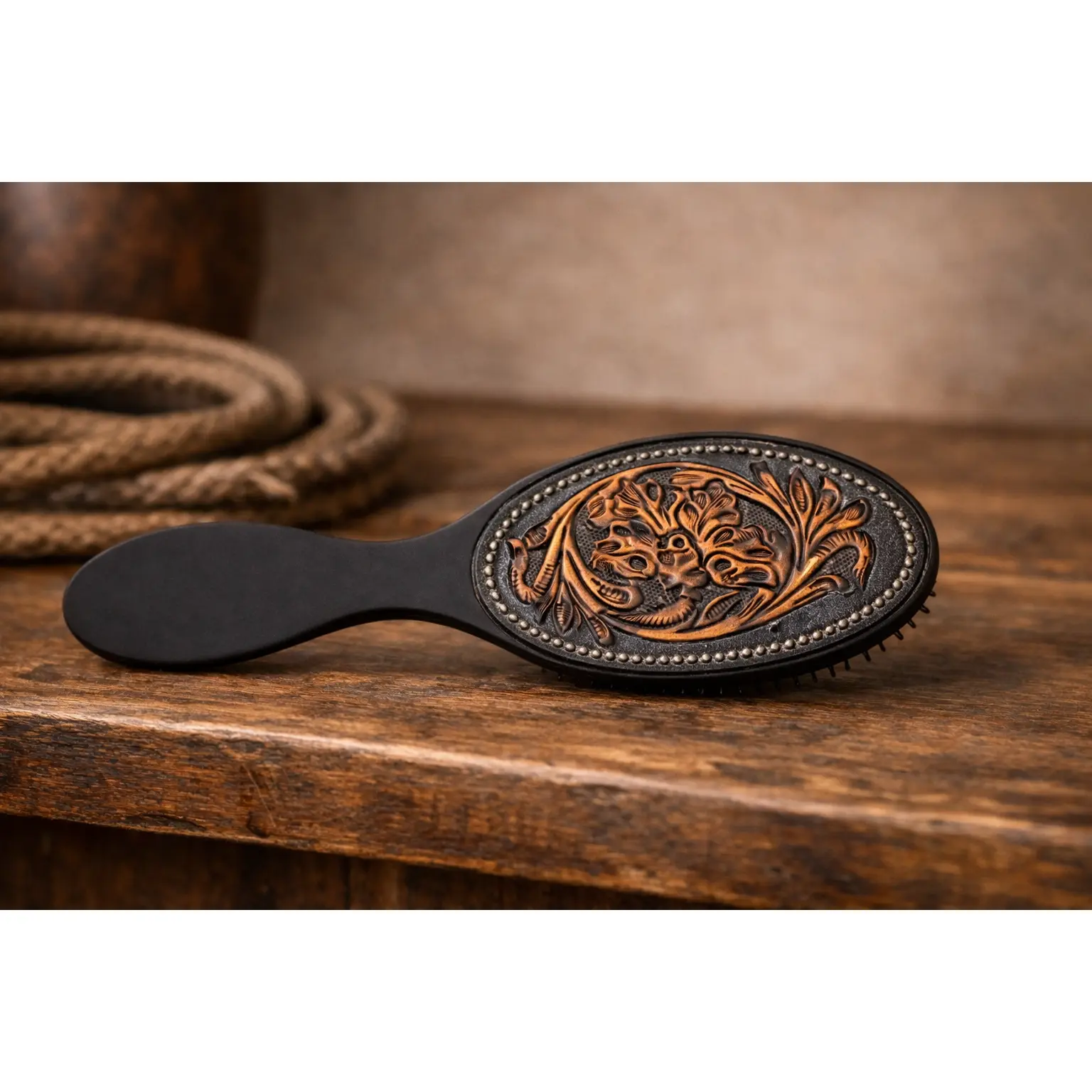 Handtooled Leather Paddle Hair Brush - Embossed Western Cowgirl Style, 2.5 W x 8.5 L, Daily Care Detangler for All Hair Types, One Size