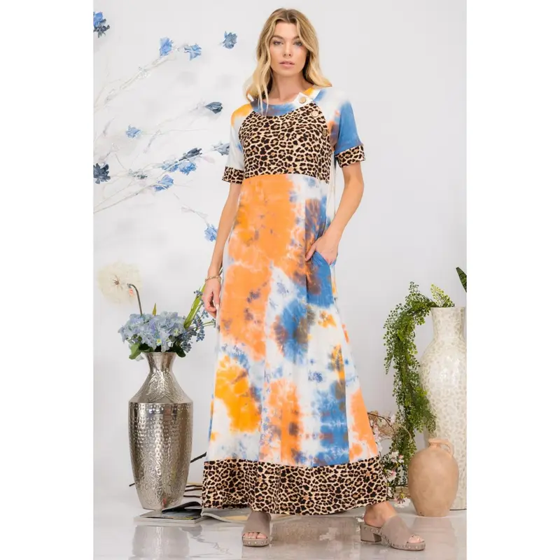 Celeste Full Size Leopard Tie-Dye Button Detail Short Sleeve Maxi Dress Plus Size