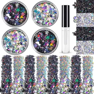 Holographic Chunky Glitter Silver Gold Purplish Red and Black Cosmetic Body Hair Face Eye Nail for Festival Carnival Concert Beauty Rave Accessories Different Shapes 4 Pots+ Quick Dry Primer Glue Gel springtok