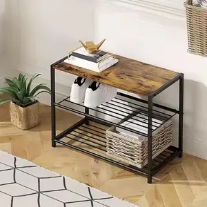 Stylish Metal Shoe Rack with Burnt Wood Finish Top Panel 60cm x 28.5cm x 45cm Versatile Sturdy Durable Multi-functional Storage for Hallways Bedrooms Bathrooms Kitchens and Dormitories