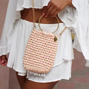 Coral Crochet Handbag with Detachable Gold Chain - Handmade Crochet Purse with Pearl Details