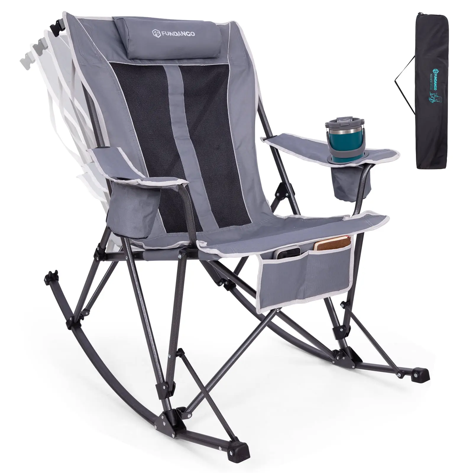FUNDANGO Oversized Rocking Camping Chair, Foldable High Back Rocking Chair for Adults Outside, Portable Rocking Chair with Pocket, Extra Large Camping Chair for Lawn