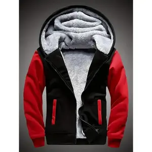 mens Thick Fleece Lining Jacket, Warm Zip Up Hooded Coat, Casual Color Clash Zipper Hoodie, Boy'S Clothes Winter Fall Outdoor