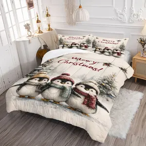 Cute Cartoon Animal Bedding Set, Lightweight Soft Penguin Print Quilt, Fun Design Pillowcases, Bedroom Decoration Kit