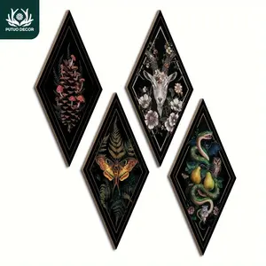 Wooden Hanging Painting, Wood Grain Print, 4 Counts/set Mushroom Butterfly Goat Snake Owl Element Wall Art, Unique Artwork, Wall Decor for Home Farmhouse Living Room Bedroom Studio