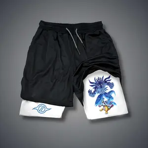 Digimon Anime 80s 90s Double-Layer Sports Shorts Graphic Shorts Black Camo Streetwear Shorts Men Outfits Men Vacation Outfits Shorts