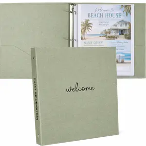 Welcome Binder for Short Term Rentals –Green Linen Fabric 3 Ring Folder for Airbnb, Vacation Home, House Manual & Guest Information - Letter Size