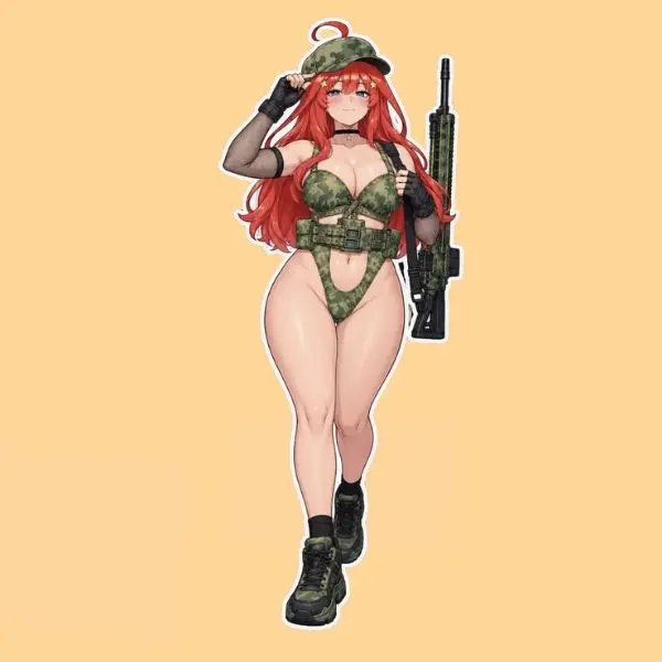 Red Hair Tactical Anime Girl Sticker , Camo Military Vinyl Decals, Armed Soldier Girl Waterproof Stickers, Gamer Gift
