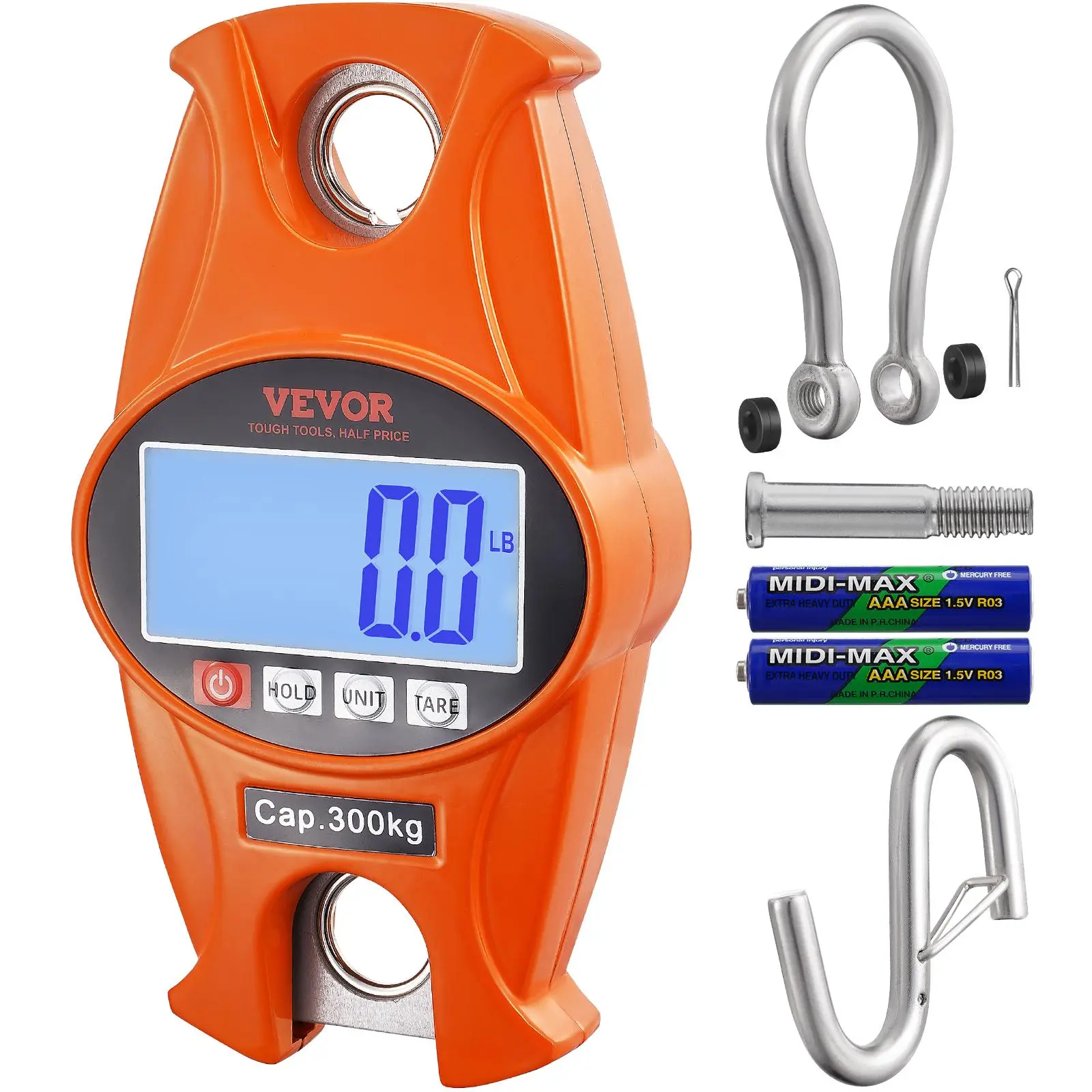 【summerfinds】VEVOR Digital Crane Scale (Orange) - 660 lbs/300 kg Capacity Industrial Heavy Duty Hanging Hardware Scale, Cast Aluminum Case, LCD Display, Hooks, Handheld Mini Design, Peak Hold Function, Farm Use Hand Tool