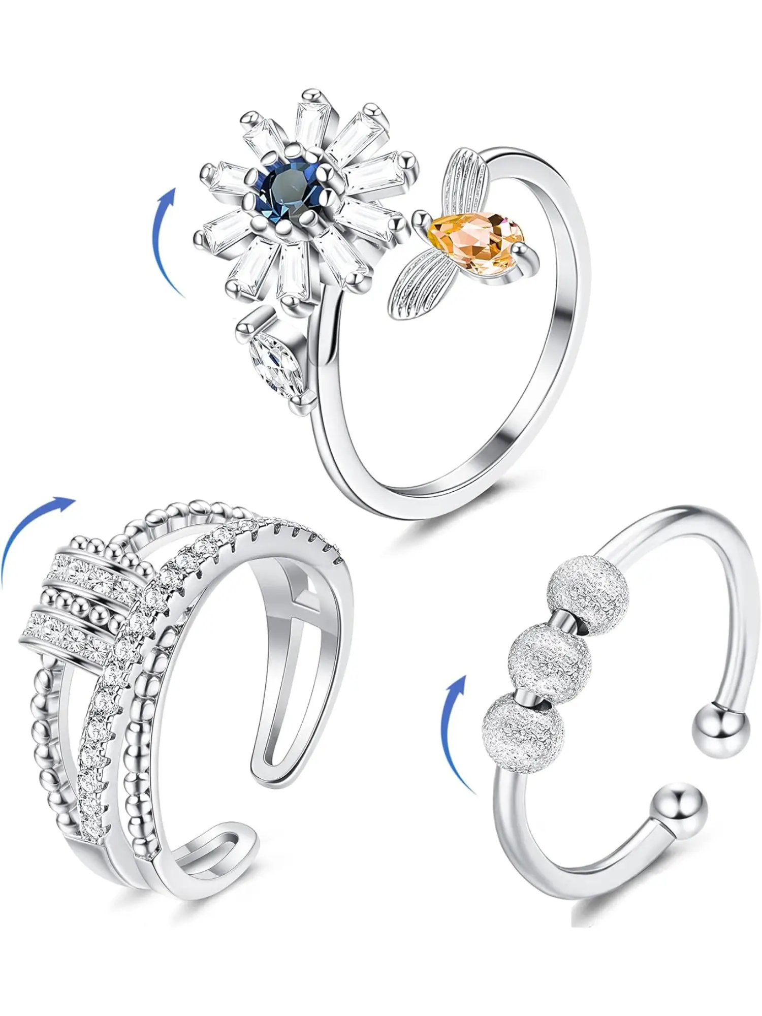 3 Pcs Anxiety Relief Ring Fidget Rings for Anxiety Spinner Ring Figit Spinning Ring Anxiety Ring for Women Men Butterfly Flower Beads Worry Stress Ring Set, Adjustable Sunflower Ring
