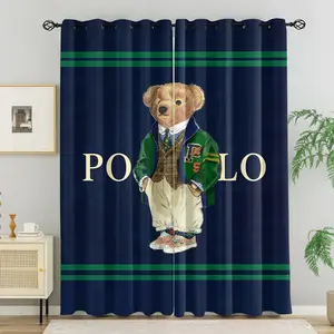 Navy Bear Curtains, 2 Panels. Features Green Stripe Print With Soft Texture. All-Season Decorative Curtains For Bedroom, Living Room And Kids' Room. Suitable For Children, Teens And Adults