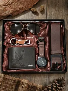 Men's Quartz Watch Set with Wallet, Keychain, Glasses, Belt, Accessories Set, High-End Gift Box, Birthday Anniversary Present for Boyfriend