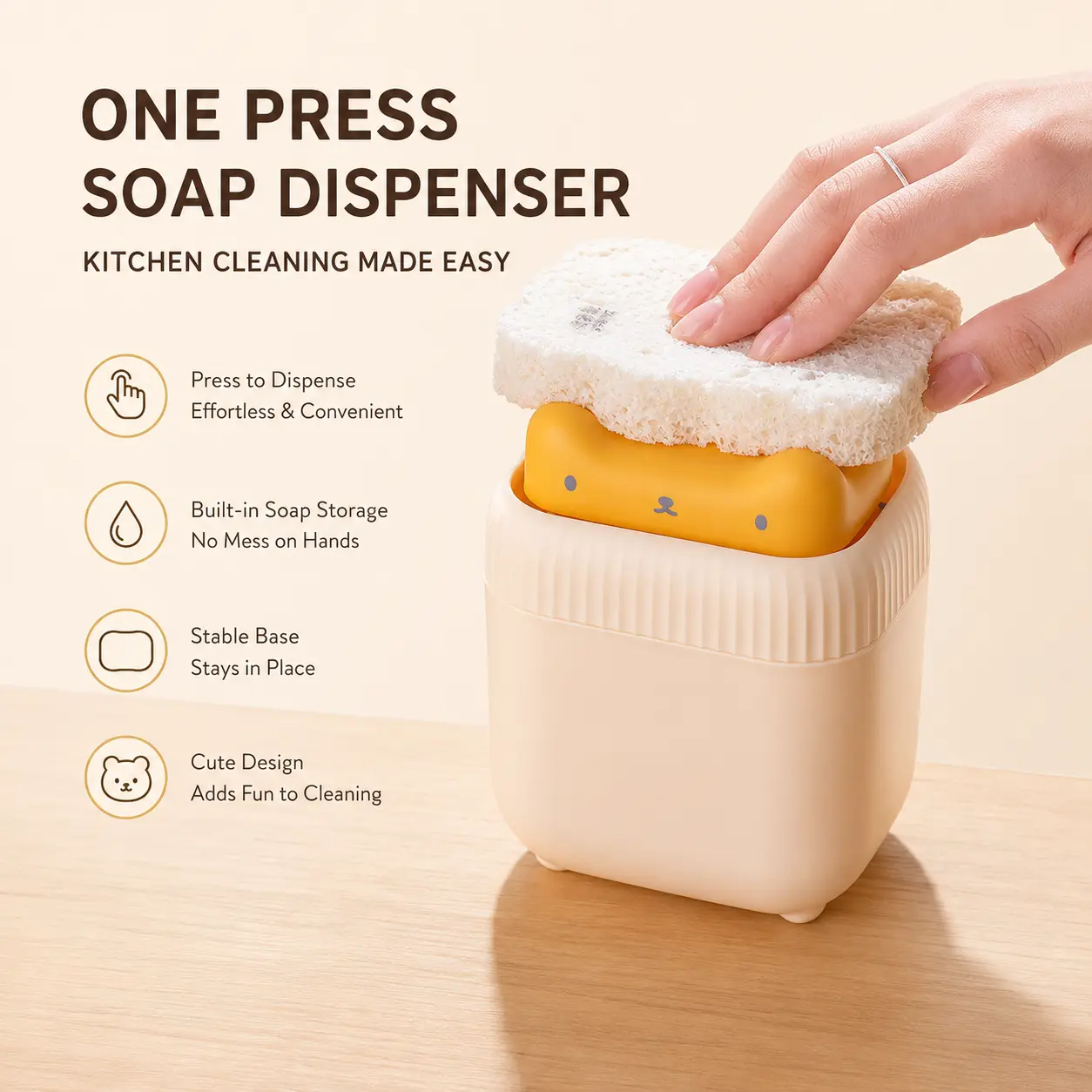 Press Type Kitchen Dishwashing Dispenser (1 Count) - Compact Countertop Liquid Hold Soap Dispenser with Small Footprint, Sturdy Build, Drip-Resistant Design, Non-Slip Base, Rounded Edge for Effortless Household Dish Washing Cleaning