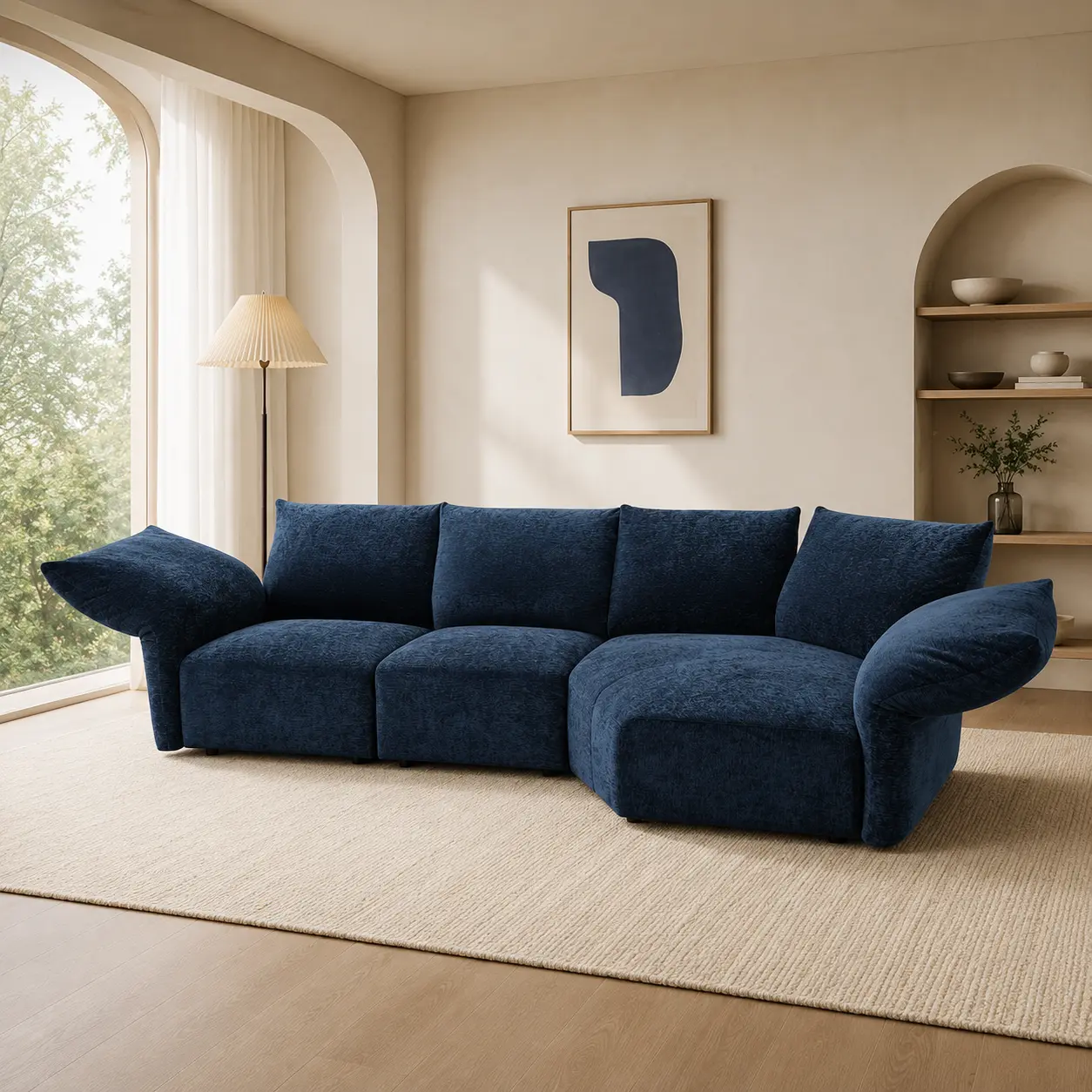 Modular Sectional Sofa, Deep Blue Chenille Fabric Couch, L-Shaped Modern Cloud Couch with Pillows, Living Room Comfy Lounge Sofa
