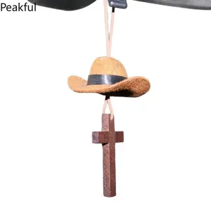 Western Cowboy Hat Cross Car Ornament, Tranging Rearview Mirror Hanging Decor, Rustic Wooden Cross with Felt Hat Charm, natural wood texture & adjustable suede rope, perfect for car interior styling, faith display, western-themed vehicle decor
