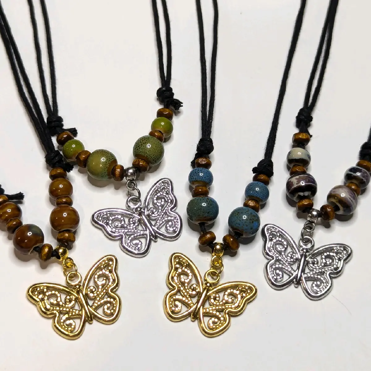 Butterfly Stainless Steel Charm Ceramic Beaded Silver or Gold Boho Hippie Whimsical Y2K Adjustable Black Rope Cord Choker Stacking Necklace jewelry