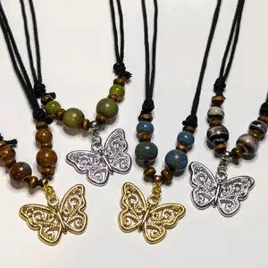 Butterfly Stainless Steel Charm Ceramic Beaded Silver or Gold Boho Hippie Whimsical Y2K Adjustable Black Rope Cord Choker Stacking Necklace jewelry