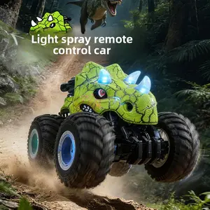 Dinosaur RC Monster Truck with Spray Mist & Lights 2.4G 4WD Stunt Remote Control Car All Terrain Off-Road Vehicle with Music Sound 360° Rotating Crawler Toy for Kids Boys Girls 3-12 Years Old