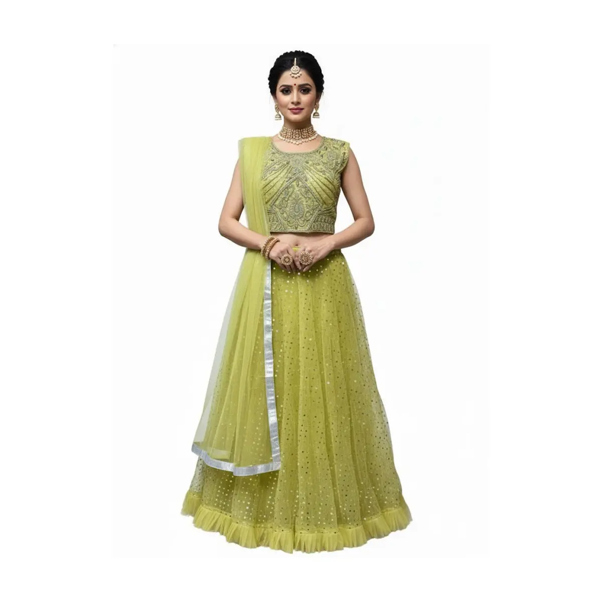 #Model-70 Stunning Lime Green embroidered top (sleeve attached) with detailed beadwork Beautifully pleated lehenga skirt with sequin detailing Flowing dupatta (shawl)