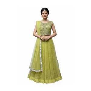 #Model-70 Stunning Lime Green embroidered top (sleeve attached) with detailed beadwork Beautifully pleated lehenga skirt with sequin detailing Flowing dupatta (shawl)